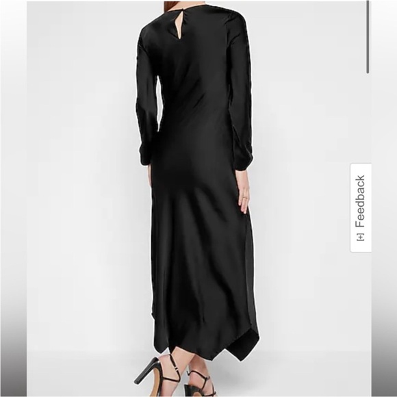 NEW EXPRESS $98 BLACK SATIN LONG SLEEVE ASYMMETRICAL HEM MAXI DRESS SIZE LARGE - Picture 3 of 12